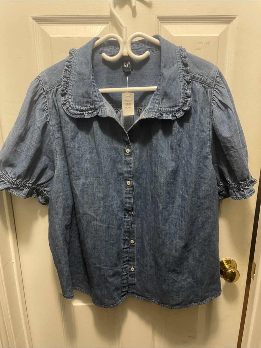 GAP Light Blue Denim Button-Front Ruffle Collar Blouse